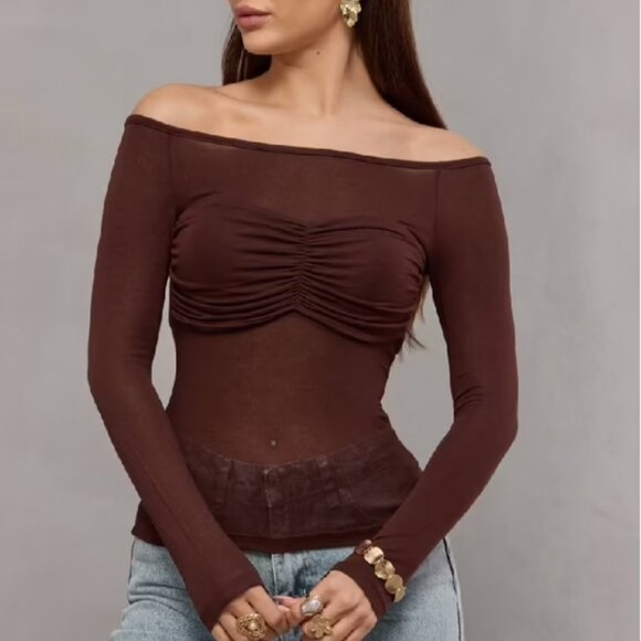 Tops - Coming soon…Brown Slim Fit Off Shoulder Neck Blouse